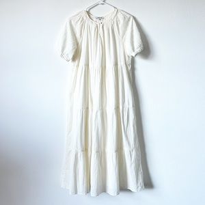 Bubble-Sleeve Tiered Midi Dress in Textural Stripe Size Small